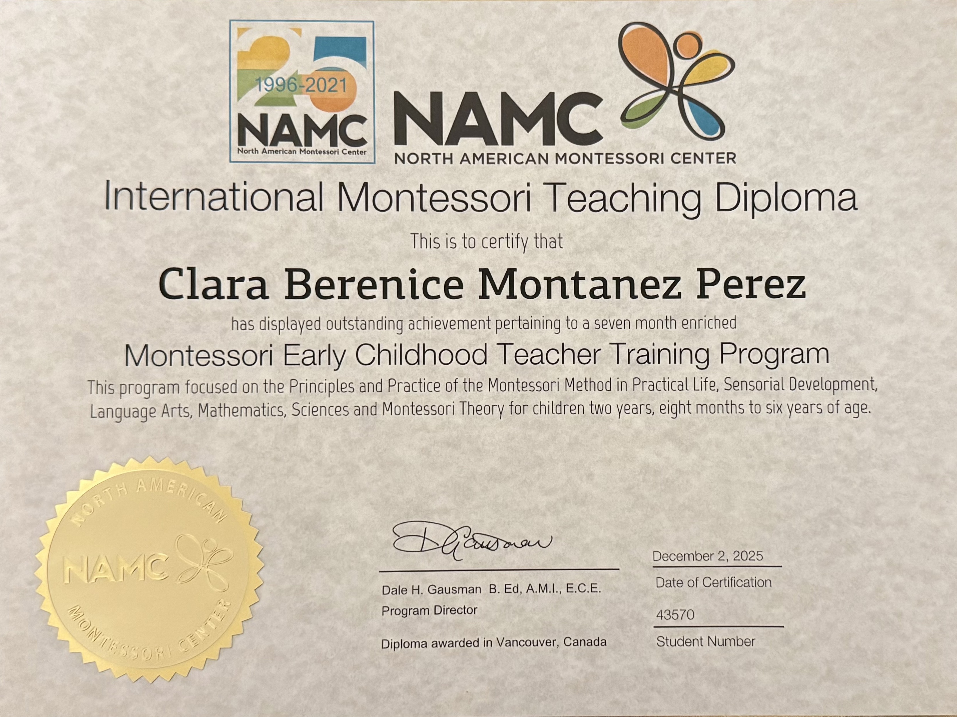 International Montessori Teaching Diploma - Clara Berenice Montanez Perez
